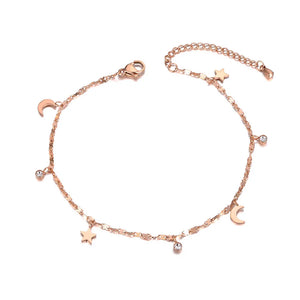Rose Anklet Star Moon CZ Stone Charm Stainless Steel Holiday Jewelry