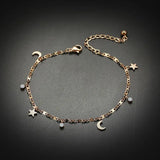 Rose Anklet Star Moon CZ Stone Charm Stainless Steel Holiday Jewelry