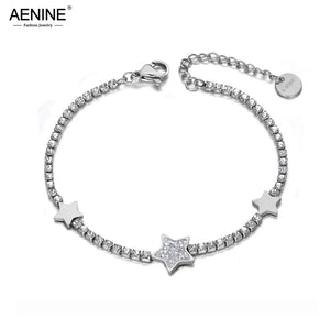 Rhinestone Star Charm Bracelet Stainless Steel CZ Link Chain