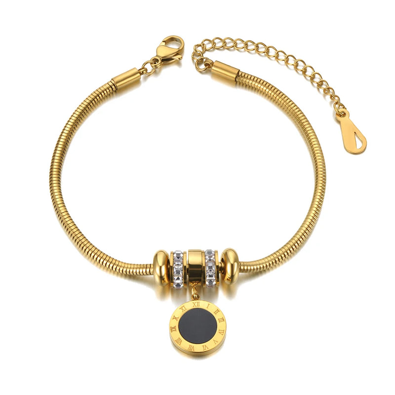 Stainless Steel CZ Charm Bracelet Boho Roman Numeral Chain Link AB21067