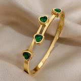 Green Pink CZ Heart Bracelet Stainless Steel Women Cuff Daily Jewelry