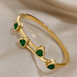 Green Pink CZ Heart Bracelet Stainless Steel Women Cuff Daily Jewelry