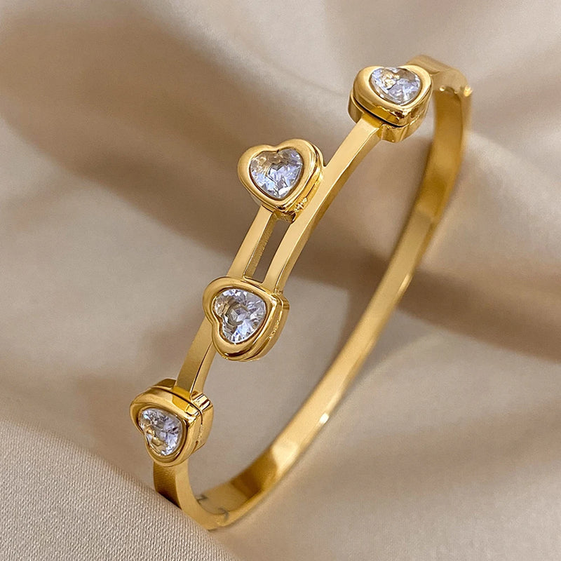 Green Pink CZ Heart Bracelet Stainless Steel Women Cuff Daily Jewelry