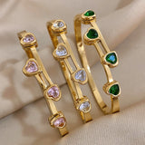 Green Pink CZ Heart Bracelet Stainless Steel Women Cuff Daily Jewelry