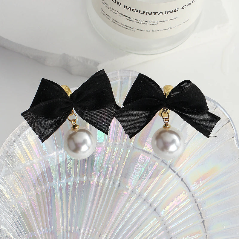 Lace Bowknot Pearl Drop Earrings Sweet Korea Women Lovely Earrings