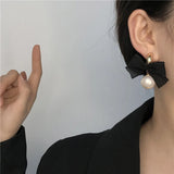 Lace Bowknot Pearl Drop Earrings Sweet Korea Women Lovely Earrings