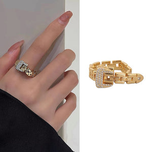 Adjustable Metal Rings Charm Box Chain Crystal Belt Ring