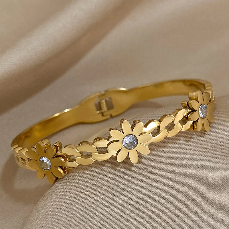 316L Stainless Steel Charm Daisy Flowers Bracelets Bangles for Women