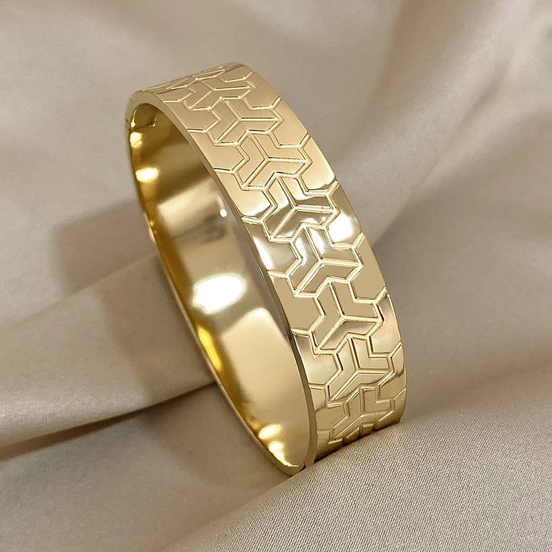 Chunky Charm Geometric Stainless Steel Bangles - Wide Bracelets for Women Men