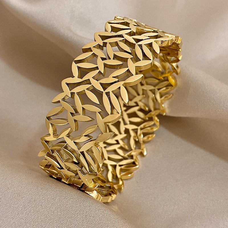Chunky Punk Charm Leaf Wide Big Coin Stainless Steel Wide Bangle