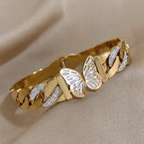 Chunky Stainless Steel Zircon Cuban Chain Butterfly Thick Bangle Bracelet
