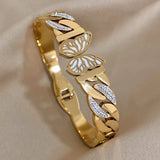 Chunky Stainless Steel Zircon Cuban Chain Butterfly Thick Bangle Bracelet