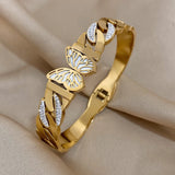 Chunky Stainless Steel Zircon Cuban Chain Butterfly Thick Bangle Bracelet