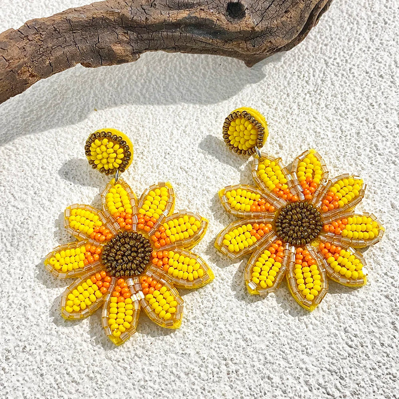 Yellow Sunflower Bead Drop Earrings for Women Girls Party Jewelry