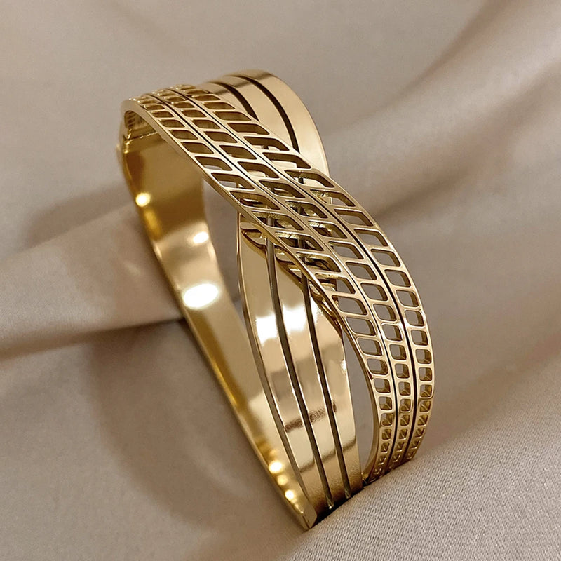 Chunky Twist Intersect Stainless Steel Wide Bangle Bracelets for Women