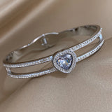 Crystal Zircon Heart Bracelet Stainless Steel Hollow Charm Gift