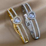 Crystal Zircon Heart Bracelet Stainless Steel Hollow Charm Gift