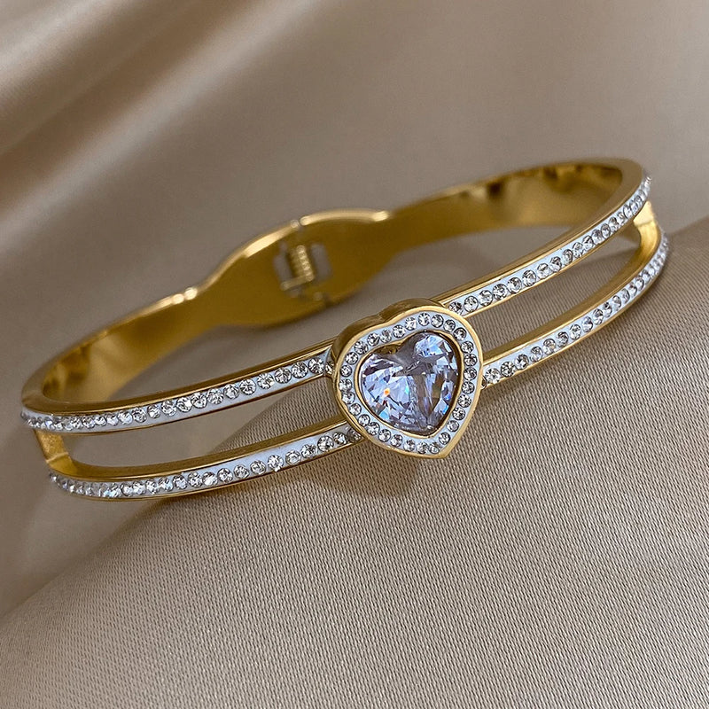 Crystal Zircon Heart Bracelet Stainless Steel Hollow Charm Gift
