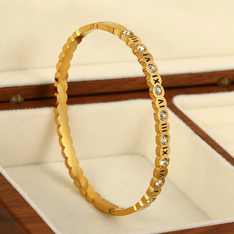 Zircon Roman Numerals Stainless Steel Bangle Bracelet for Women