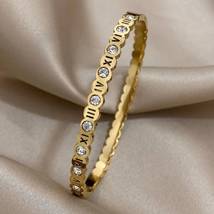 Zircon Texture Roman Numerals Stainless Steel Bangle Bracelet