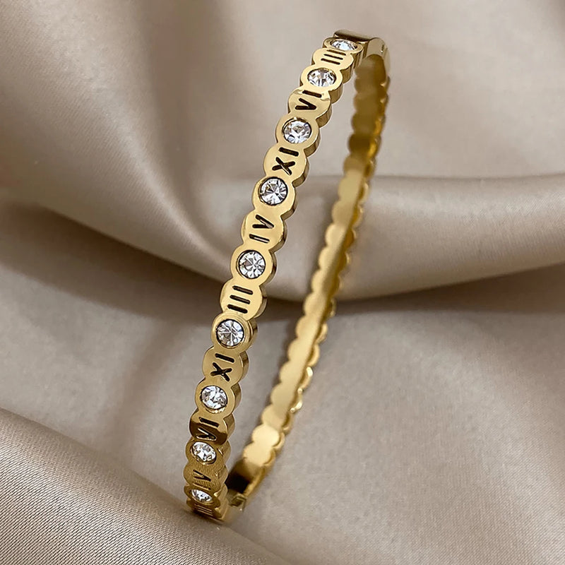 Zircon Texture Roman Numerals Stainless Steel Bangle Bracelet