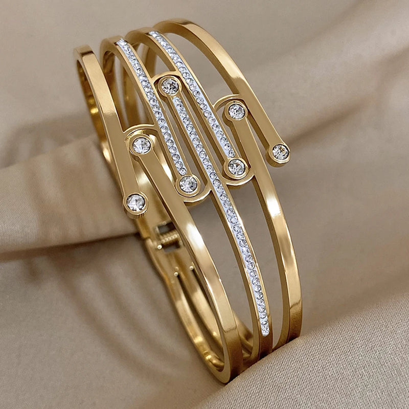 Zircon Stainless Steel Wide Bangles Bracelet Women Chunky Charm Wrist Jewelry