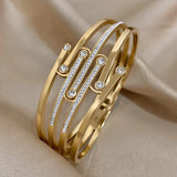 Zircon Stainless Steel Wide Bangles Bracelet Women Chunky Charm Wrist Jewelry