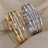 Zircon Stainless Steel Wide Bangles Bracelet Women Chunky Charm Wrist Jewelry