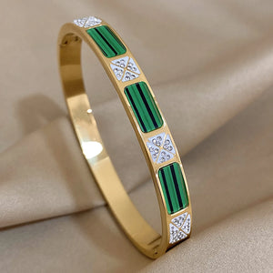 Malachite Inlaid Zircon Stainless Steel Bracelet Bangle