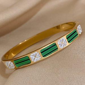Malachite Inlaid Zircon Stainless Steel Bracelet Bangle