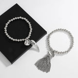 Silver Beads Chain Bangle & Bracelet With Heart Tassel Wing Pendant Bracelet