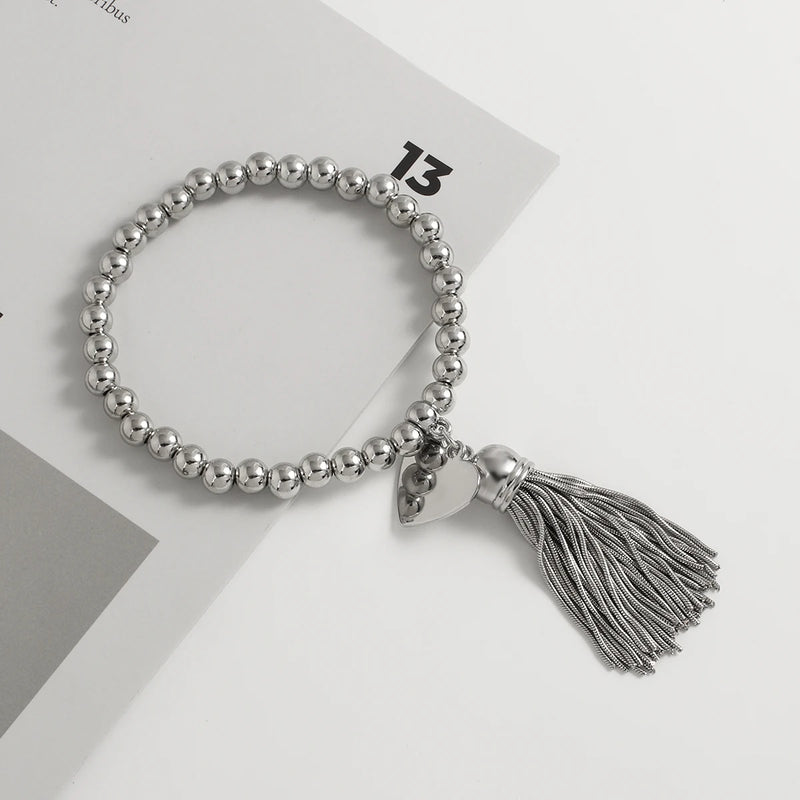 Silver Beads Chain Bangle & Bracelet With Heart Tassel Wing Pendant Bracelet