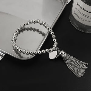 Silver Beads Chain Bangle & Bracelet With Heart Tassel Wing Pendant Bracelet