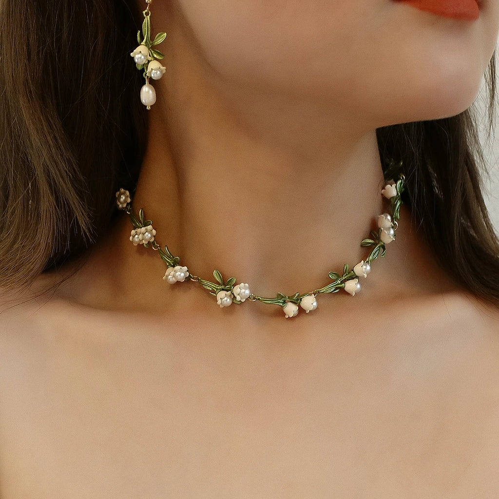 Floral Leaf Necklace Alloy Lily Valley Choker for Women