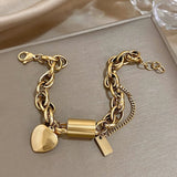 Double Thick Chain Stainless Steel Bracelet Golden Heart Love Buckle Pendant