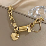 Double Thick Chain Stainless Steel Bracelet Golden Heart Love Buckle Pendant