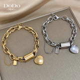 Double Thick Chain Stainless Steel Bracelet Golden Heart Love Buckle Pendant