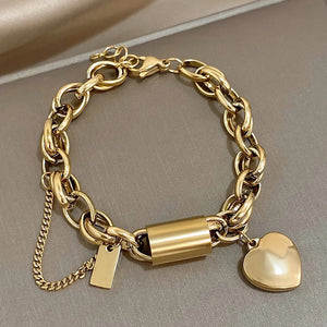 Double Thick Chain Stainless Steel Bracelet Golden Heart Love Buckle Pendant