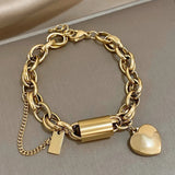 Double Thick Chain Stainless Steel Bracelet Golden Heart Love Buckle Pendant