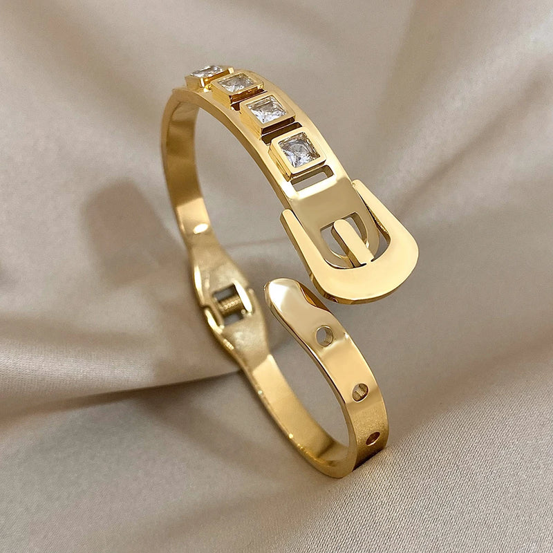Rhinestone Belt Buckle Bracelet Stainless Steel Bangle