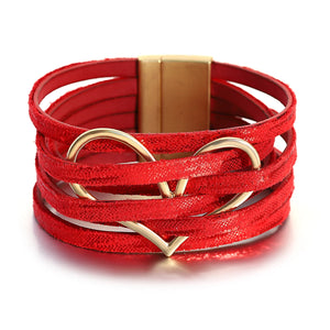Red Leather Wrap Bracelet Love Heart Charm Mother's Jewelry