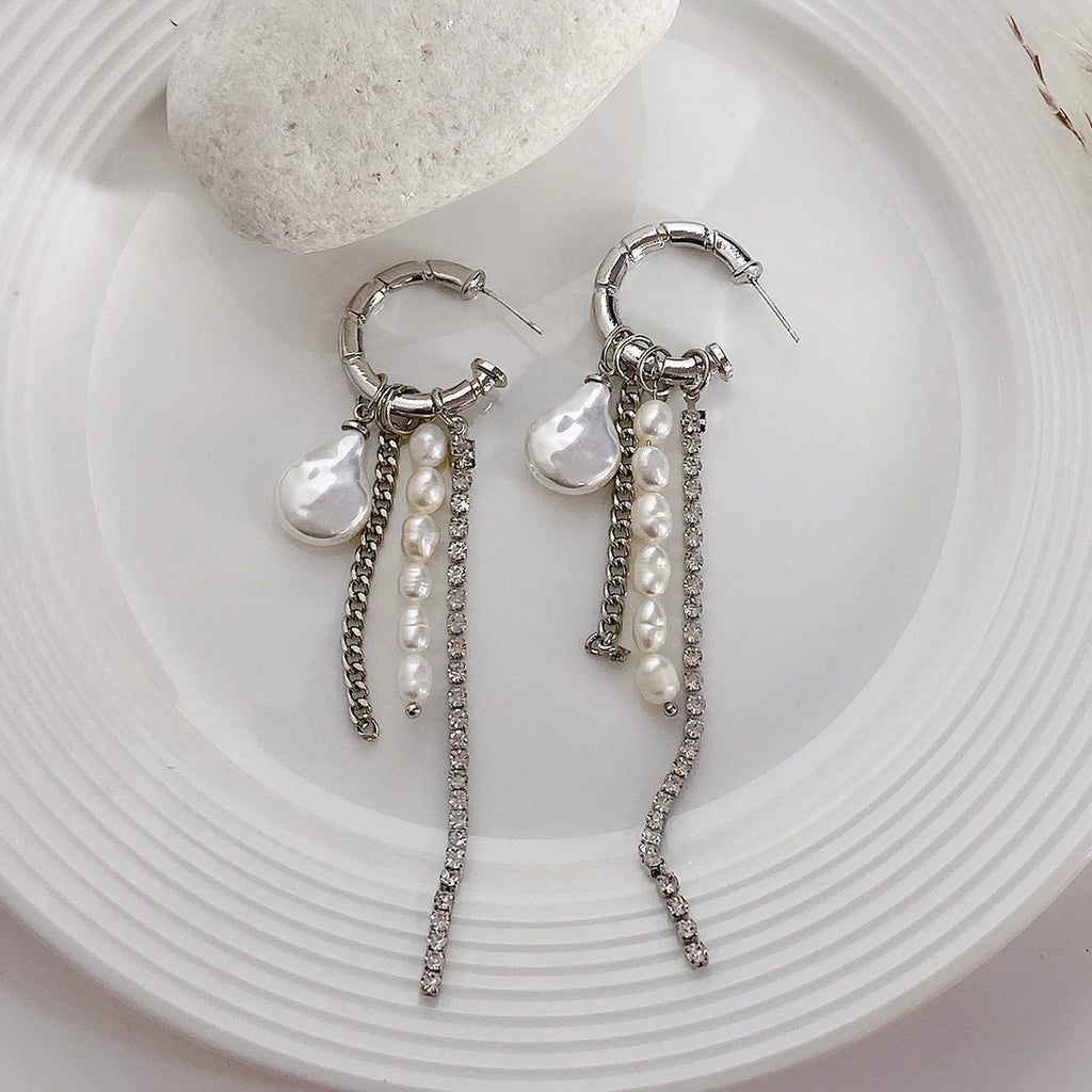 Silver Tassel Long Earrings Sexy Pearl INS Jewelry