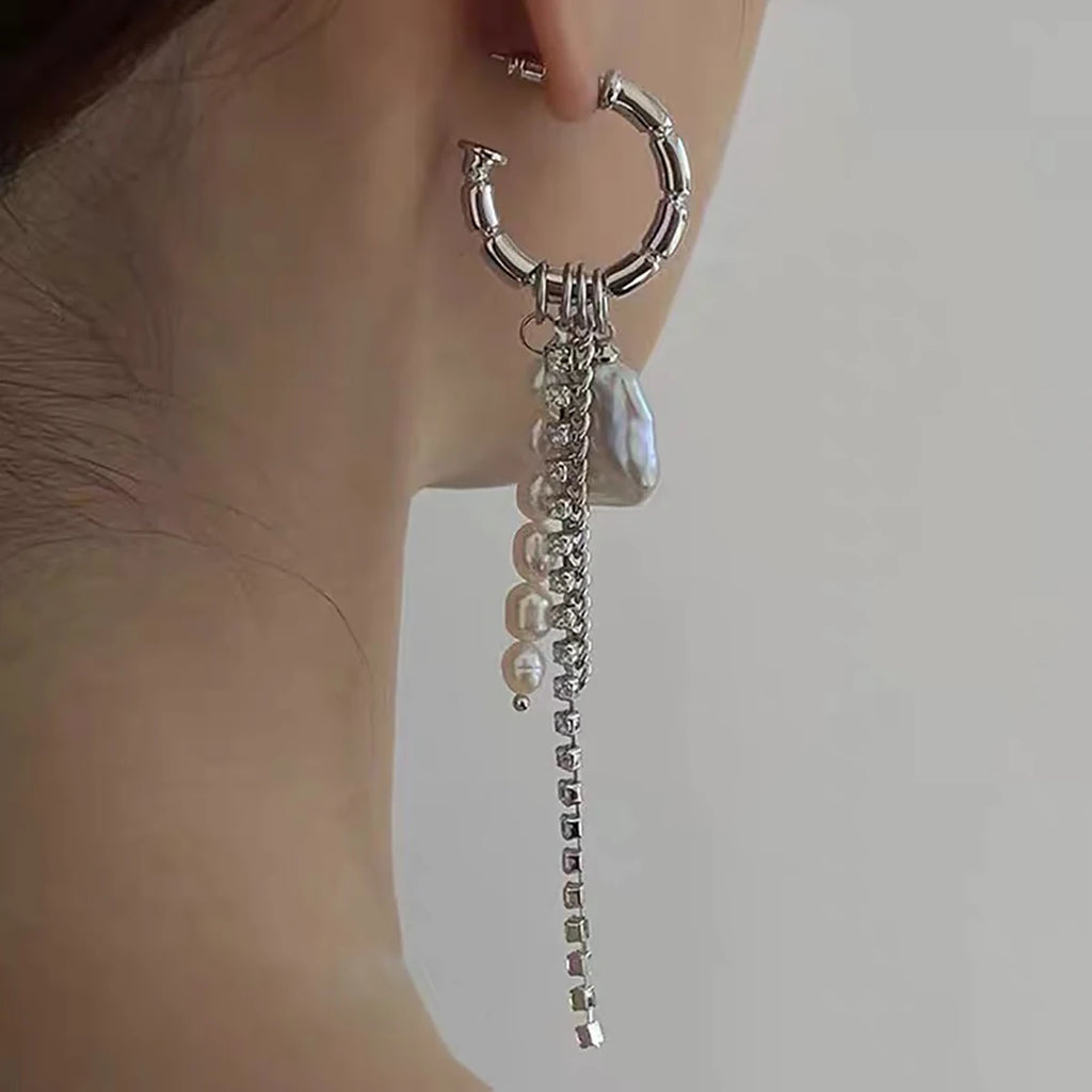 Silver Tassel Long Earrings Sexy Pearl INS Jewelry