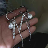 Silver Tassel Long Earrings Sexy Pearl INS Jewelry
