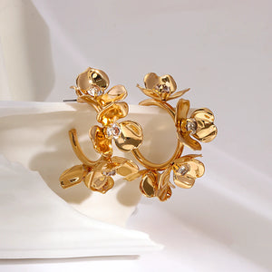 Metal Flowers C Shape Hoop Earrings for Women