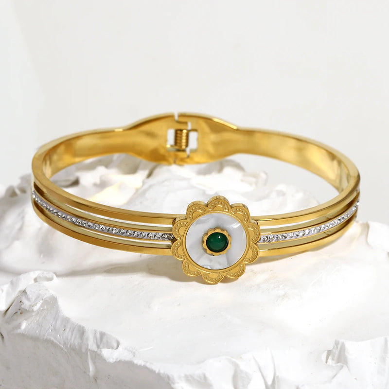 Stylish Inlay Stone Shell Flower Stainless Steel Bangles for Women