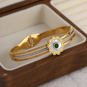 Stylish Inlay Stone Shell Flower Stainless Steel Bangles for Women