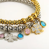 Four Leaf Flower Zircon Lucky Charm Stainless Steel Bangles Bracelets
