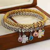 Four Leaf Flower Zircon Lucky Charm Stainless Steel Bangles Bracelets