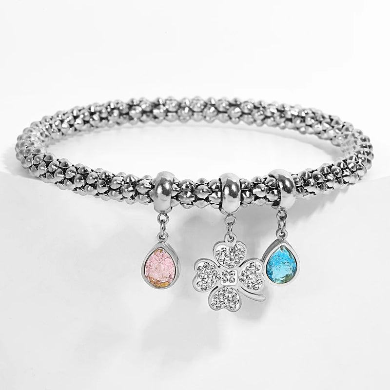 Four Leaf Flower Zircon Lucky Charm Stainless Steel Bangles Bracelets